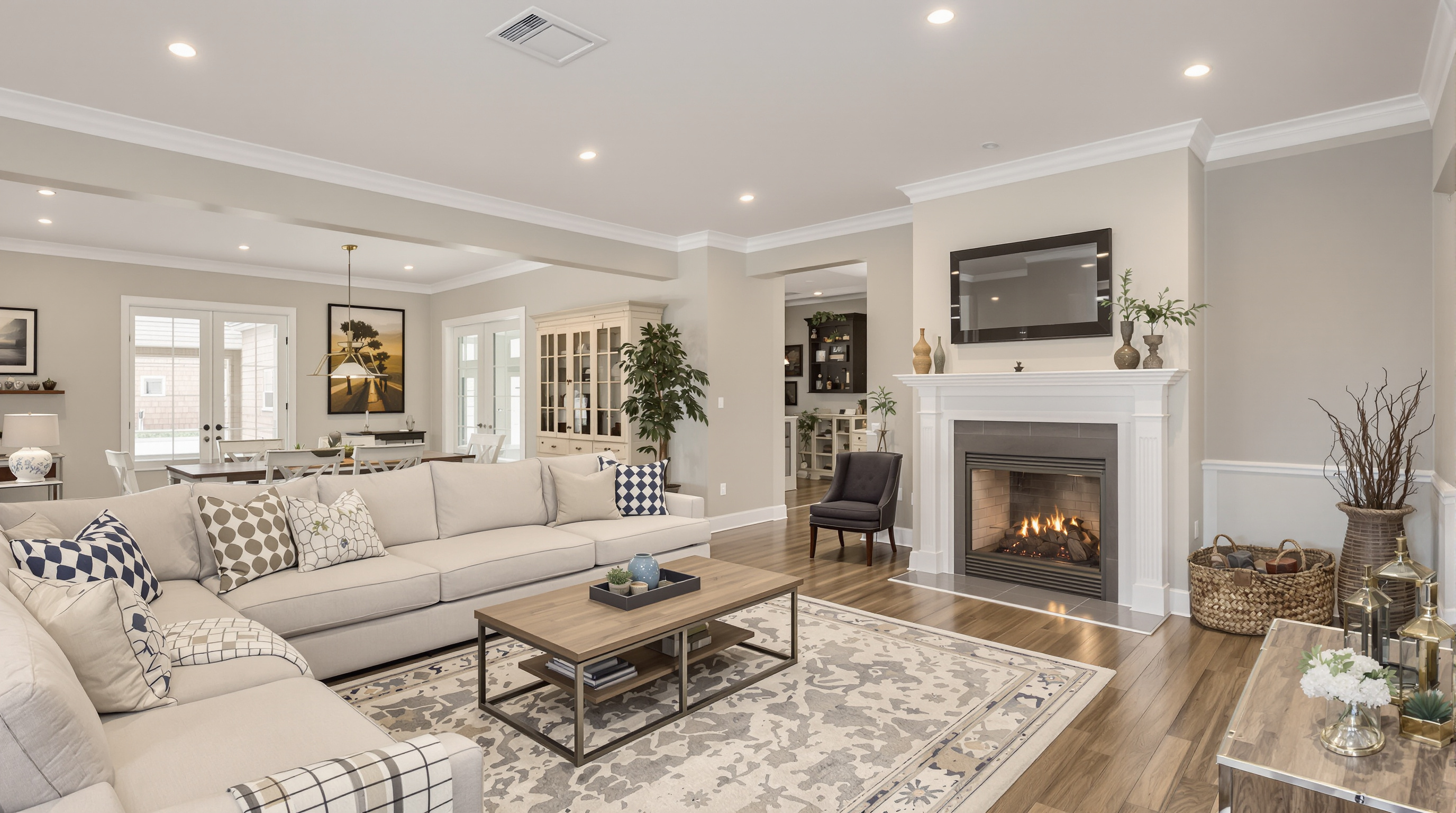 Newly framed room addition with open beam ceiling